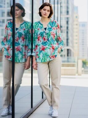 Coral Bay Tropical Floral V-Neck Traveling Flowing Blouse Size XL